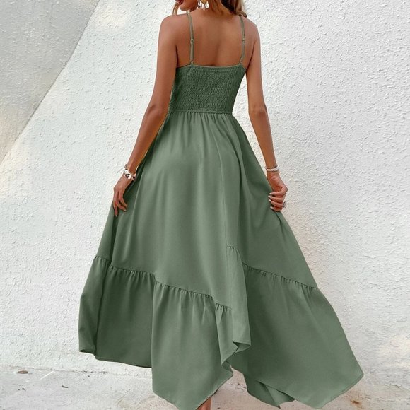 Green Boho Womens Shirred Hanky Hem Cami Dress - Picture 2 of 4